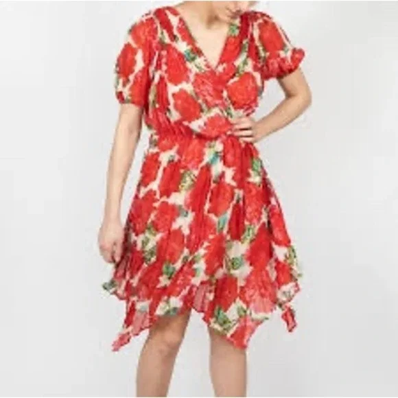The Kooples Red Rose Floral Wrap Puff Sleeve Mini Dress Handkerchief Hem Small - Picture 5 of 13